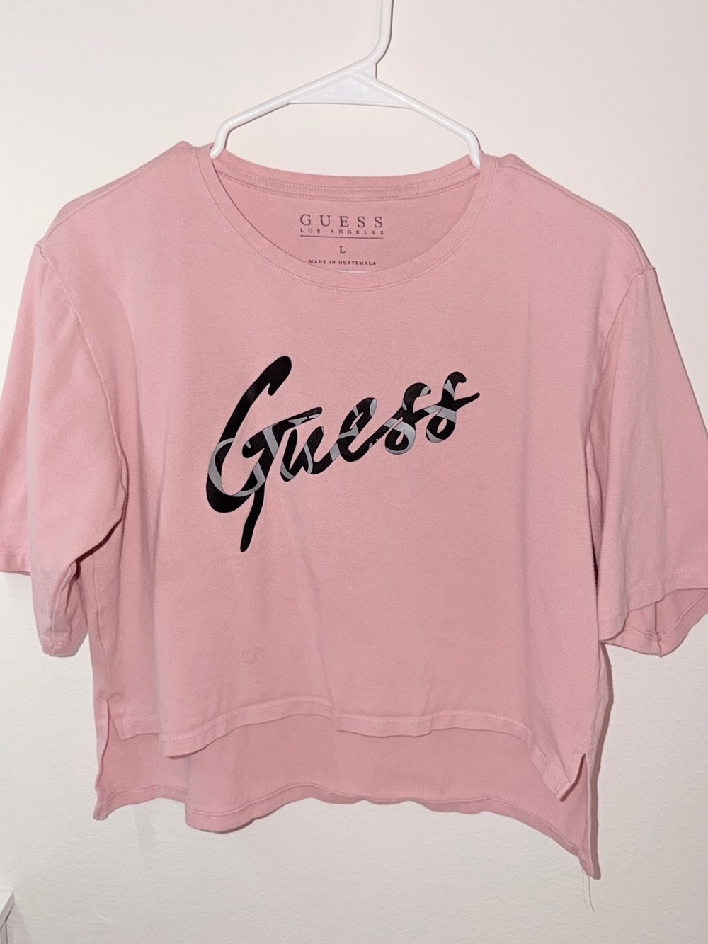 GUESS Pink Cropped Logo Tee with Black Script